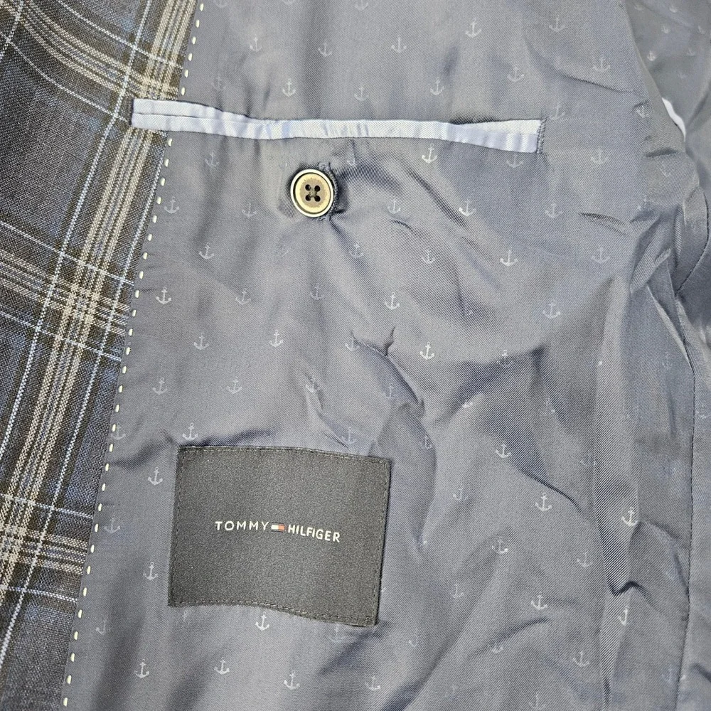 Tommy Hilfiger Sport Coat Mens 43R Blue Plaid Linen Two Button Blazer Jacket